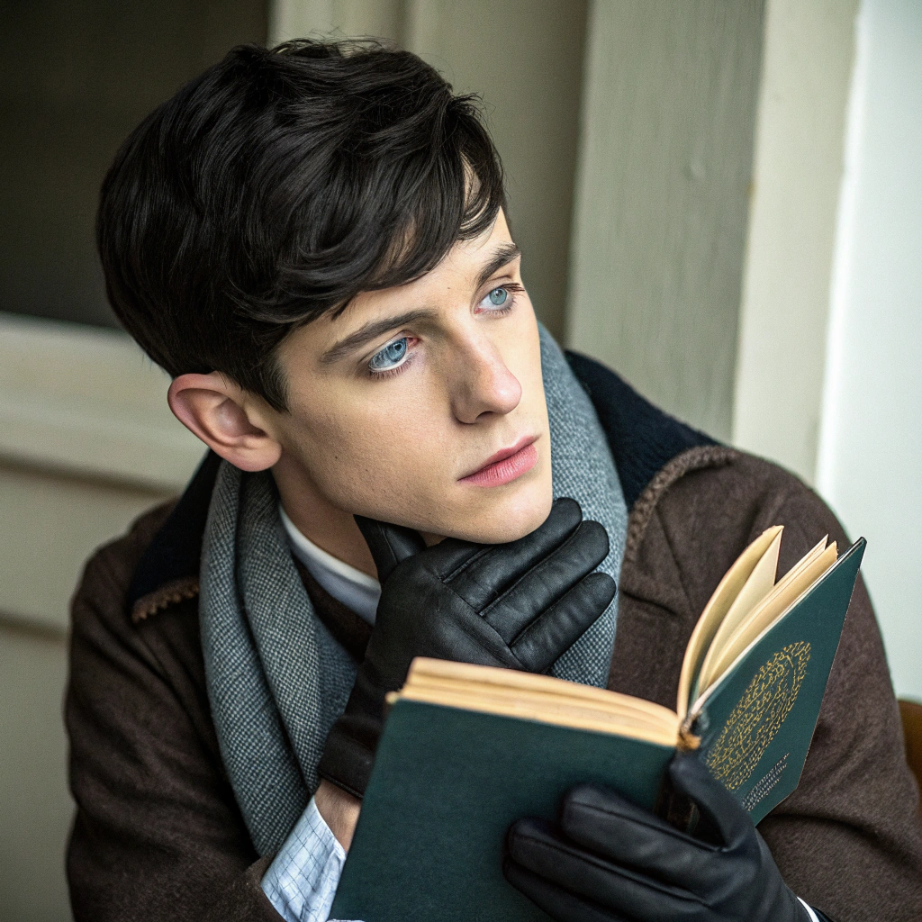 AI generated image by Red Panda AI: haz un chico de unos 24 años, con pelo negro y ojos azules, que lleve guantes en las manos, que parezca sacado de un libro