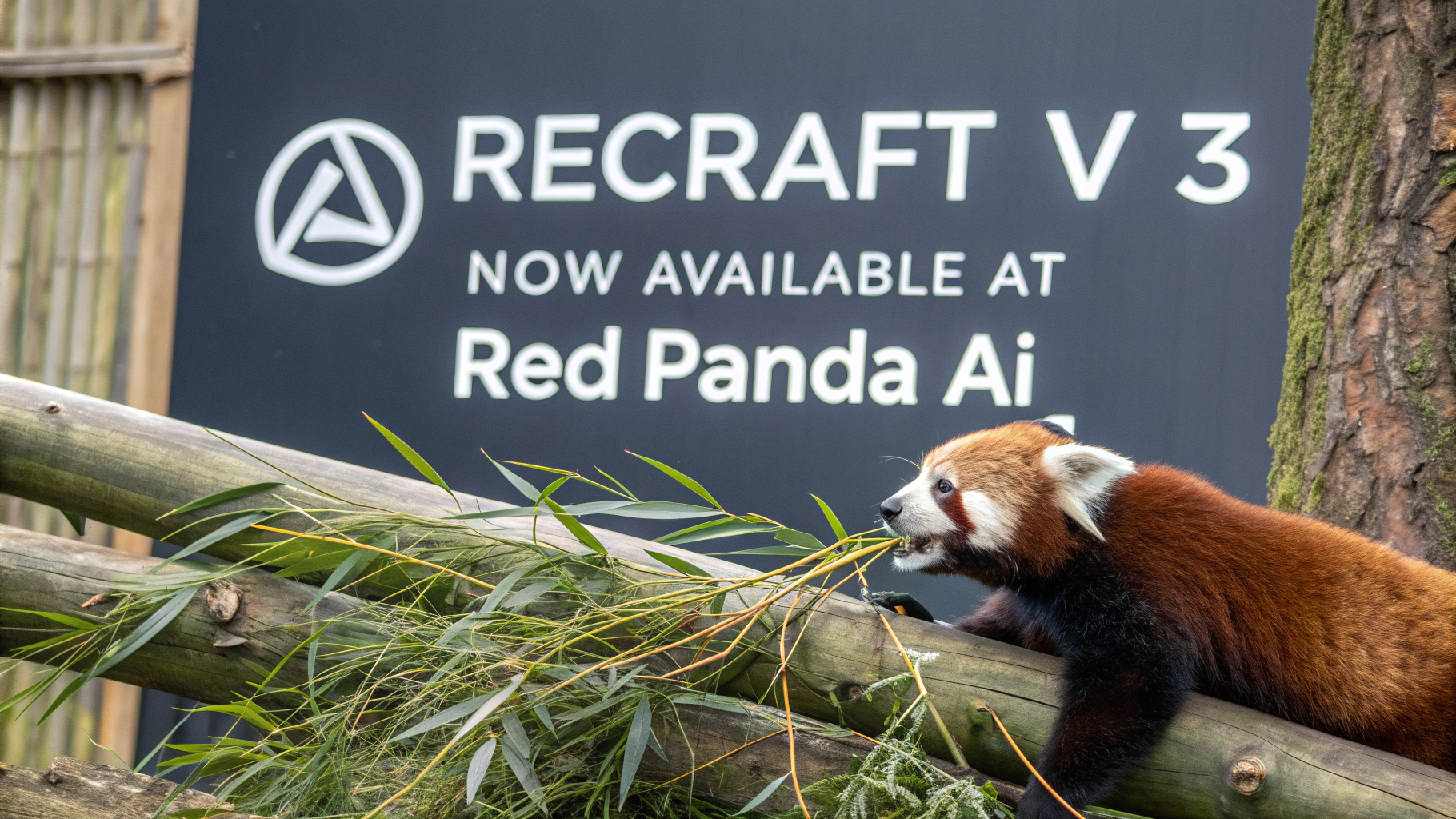 AI generated image by Red Panda AI: a red panda eating a bamboo in front of a poster that says "recraft V3 now available at red panda ai
