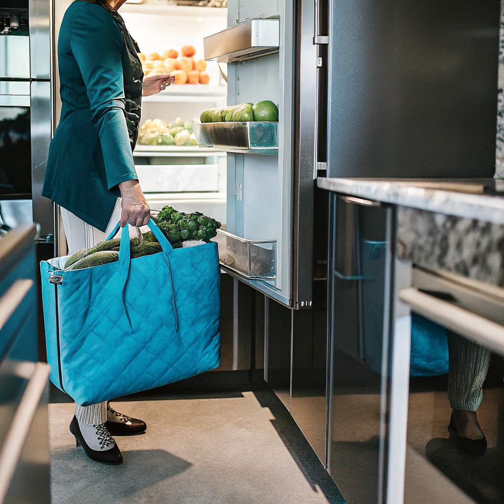 AI generated image by Red Panda AI: upscale housewife putting away groceries at giant fridge