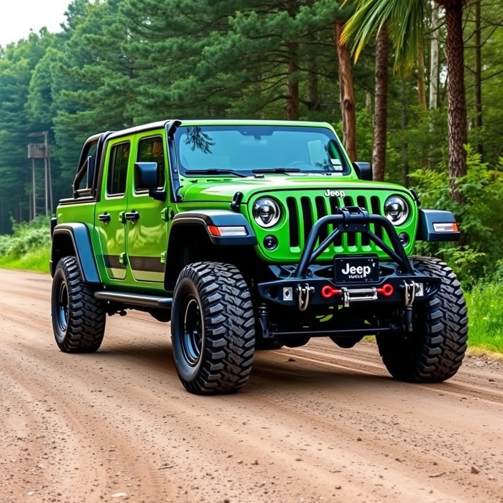 AI generated image by FLUX.1-schnell: CREA UNA IMAGEN DE UNA JEEP TRUCK PICK UP   4 PUERTAS CON EQUIPO DE OFF ROAD  4X4 COLOR VERDE LIMON EDICION LIMITADA CON FONDO EN UN BOSQUE FRONDOSO 