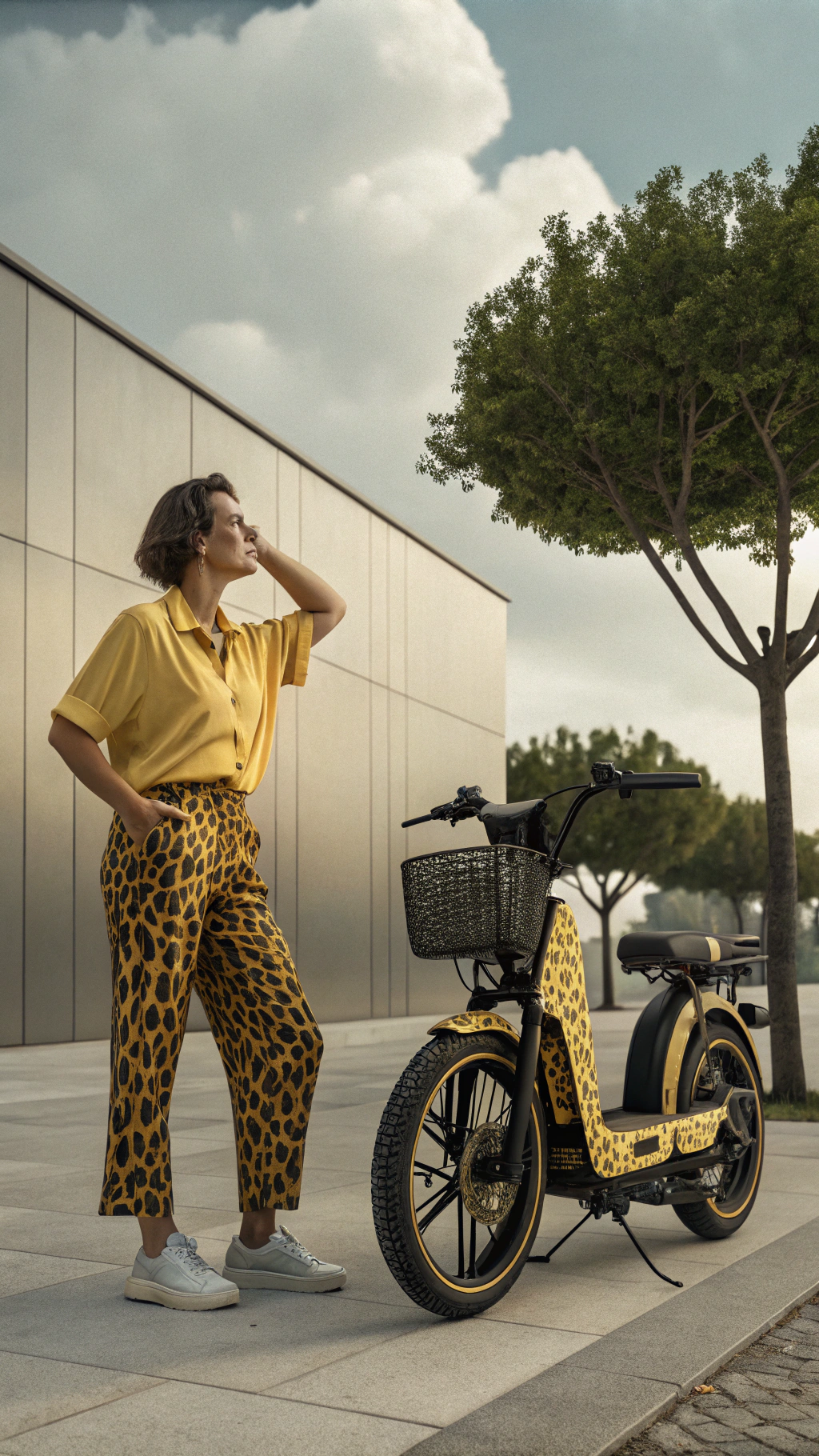 AI generated image by Red Panda AI: Adapted Prompt:

“Create a highly realistic image of a a person wearing a yellow shirt and a leopard-print pants, standing next to a matching e-bike with a leopard pattern. This person, Maëlle, has a subtle, dissatisfied expression, reflecting her disappointment in the lack of customer care after her purchase, which made the experience feel less luxurious.