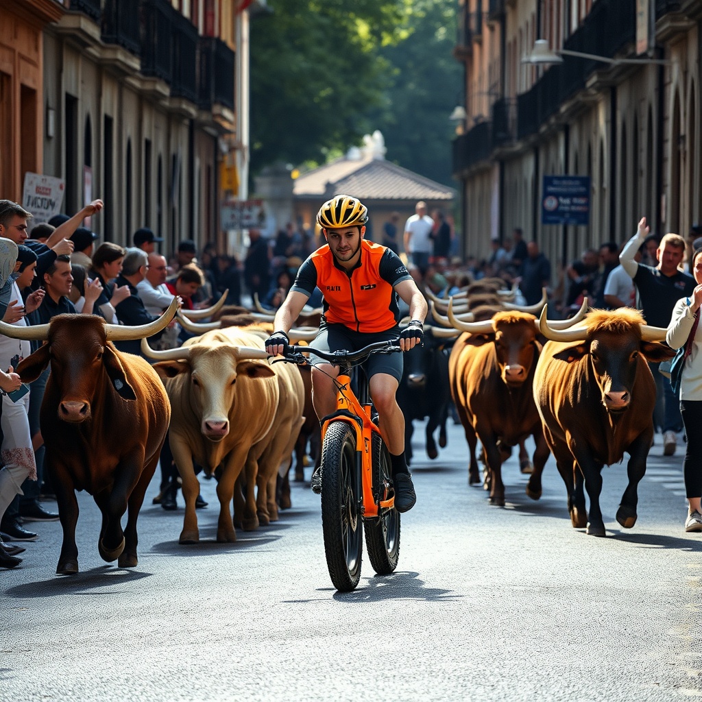 AI generated image by FLUX.1-schnell: un joven montado en una e-bike fat-bike naranja brillante pedaleando rapido por las calles del encierro de toros de Pamplona, liderando el grupo de corredores a solo unos 2 metros por delante de los 5 toros
