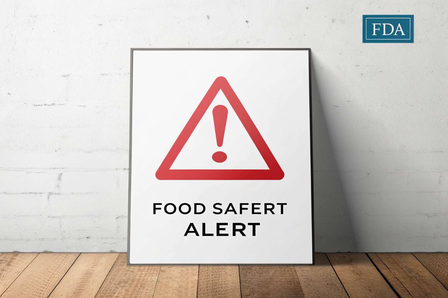 AI generated image by Red Panda AI: graphic design, food recall notice, minimalist white background, large red warning triangle with white exclamation mark centered, clean sans-serif black text "FOOD SAFETY ALERT" below triangle, FDA logo silhouette bottom right corner, professional corporate style, vector art appearance, high contrast, sharp edges, 4k detail, on plain white background, in circle
