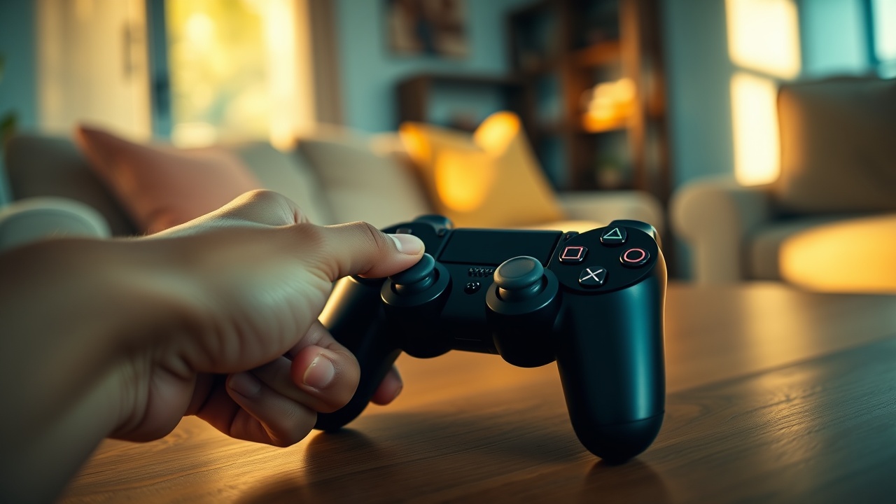 AI generated image by FLUX.1-schnell: "A tightly framed cinematic shot of an 18-year-old boy’s hand (youthful but slightly calloused, clean short nails, light golden skin tone) reaching in from the left side of the frame to pick up a standard black PS3 DualShock controller resting on a wooden coffee table. The controller appears in pristine condition—matte finish with glossy buttons, no visible wear—reflecting subtle warm morning light on its curves.

The background dissolves into an ultra-soft bokeh (ƒ/1.2), retaining just enough detail to imply a lived-in living room: a smudged streak of a cream-colored sofa, the faint glow of a sunlit window, and indistinguishable shapes of shelves or wall art. The warm morning sunlight (leaning golden-orange) bleedslightly into the cool shadows of the room, creating a soft teal-and-amber color contrast.

Key Details:
Foreground (Razor-Sharp Focus):

Hand: Relaxed but purposeful grip, fingers slightly curled, veins subtly visible.

Controller: Centered on the table, aligned diagonally for dynamic composition.

Table Surface: Smooth walnut wood, faint grain texture barely visible under shallow depth of field.

Background (Extra Blur, but Recognizable):

Living Room Hints: A sofa’s blurred armrest, a distant TV screen’s glow, a vague plant silhouette.

Lighting: Warm morning sun (left side) vs. cool ambient shadows (right side).

Atmosphere: A single dust mote floating in a sunbeam for added realism.

Cinematic Style:

Camera: 85mm portrait lens (medium compression).

Aperture: ƒ/1.2 (extremely shallow DoF).

Color Grading:

Warm highlights (sunlight on skin & controller).

Cool shadows (soft teal undertones in blurred BG).