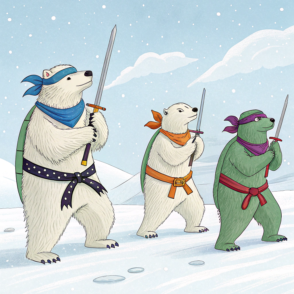 AI generated image by Red Panda AI: 4 polar bears as the teenage mutant ninja turtles