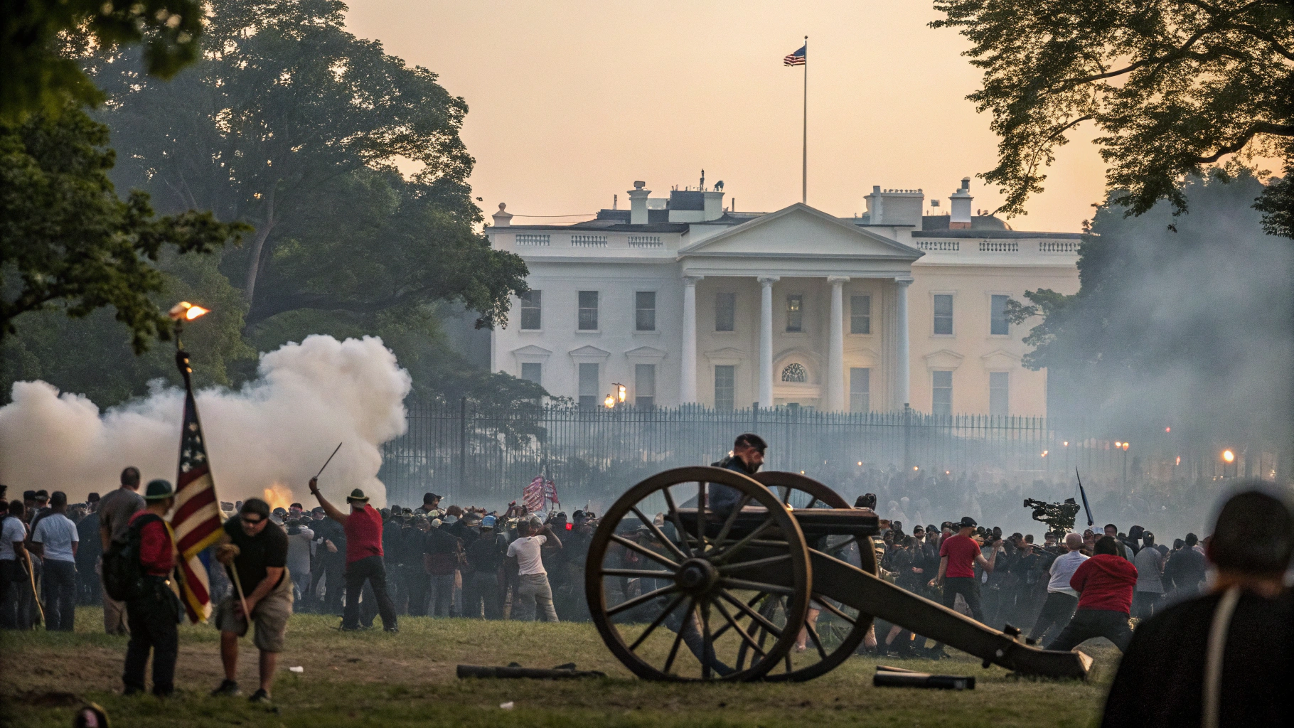 AI generated image by Red Panda AI: 500 people are standing in front of the white house and rioting, they are approach with a medieval canon 