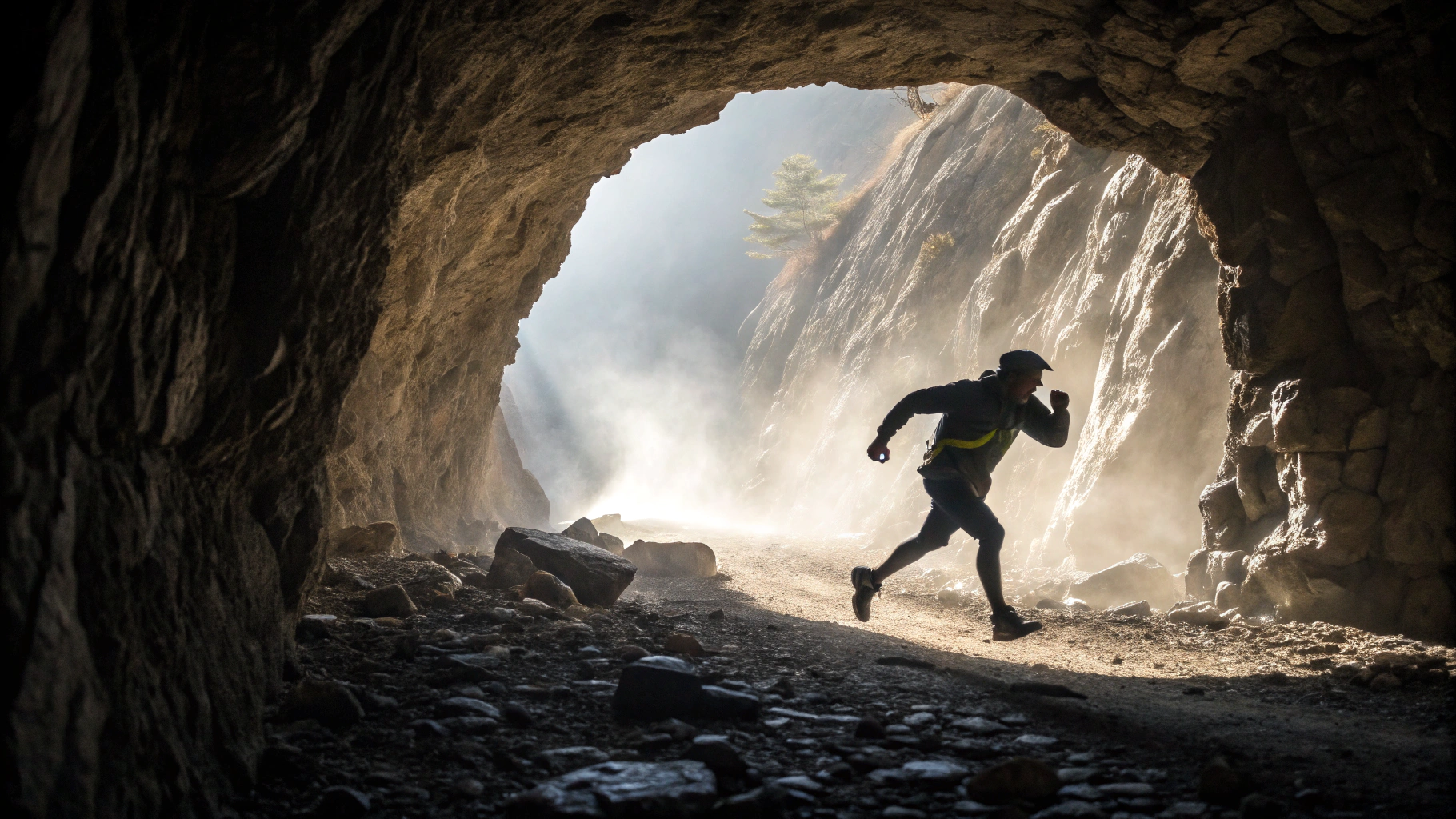 AI generated image by Red Panda AI: "Action, Cinematic, Wide Shot, Over-the-Shoulder. The adventurer runs down the narrow tunnel, now lit only by the dim glow of the device on their wrist and the distant flickers of collapsing rocks. The camera captures the adventurer’s silhouette from over the shoulder, with rocks falling in the background as the tunnel begins to collapse behind them. Dust swirls in the air, and the lighting creates a tense, high-energy atmosphere. 24mm lens, HDR, with intense shadows and highlights accentuating the motion."