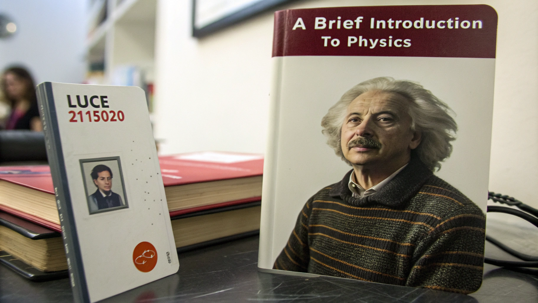 AI generated image by Red Panda AI: On the left side, a student ID card is visible, showing the student's name Luce and the ID number 2115020  Next to the card, there is a book A BRIEF INTRODUCTION TO PHYSICS with a photo of Albert Einstein as its cover.