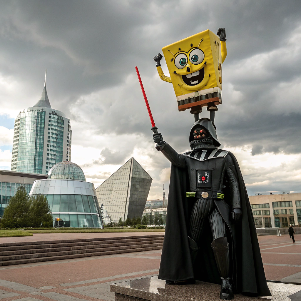 AI generated image by Red Panda AI: Spongebob conquering Darth Vader in Kazakhstan, Astana
