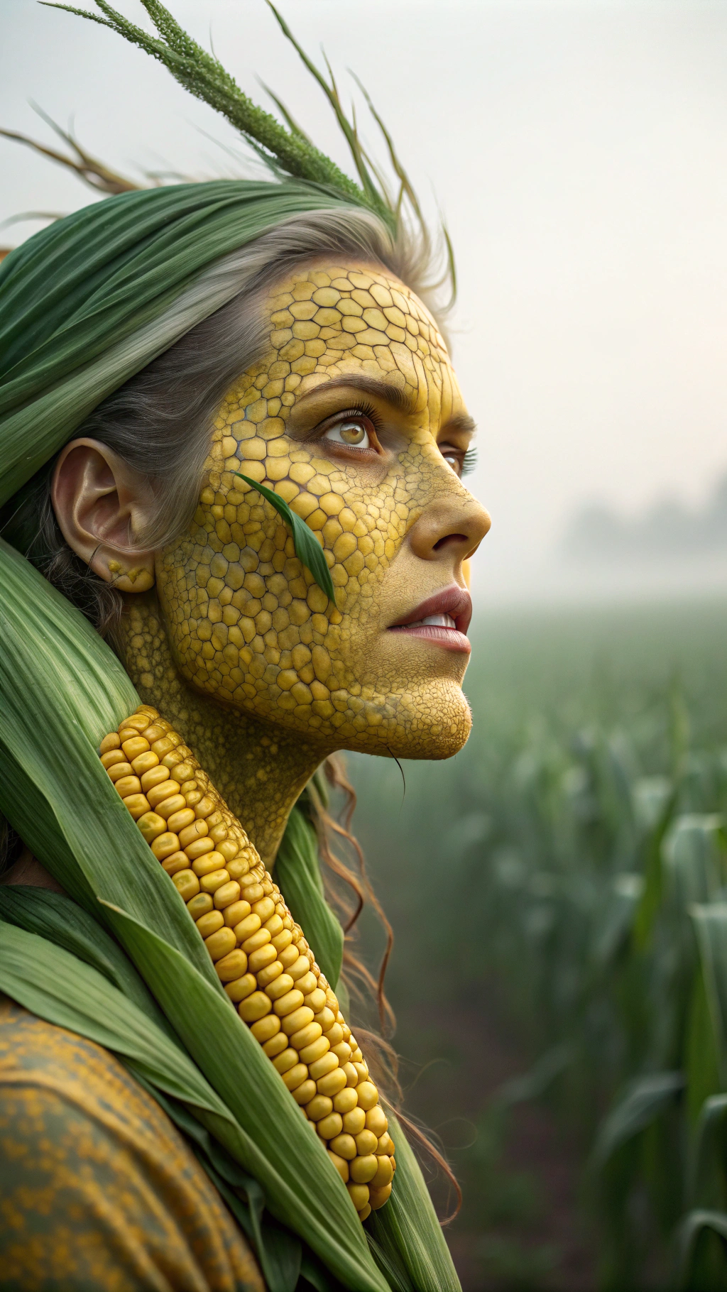 AI generated image by Red Panda AI: 
A corn-human hybrid with golden-yellow skin, a kernel-like texture across the cheeks, and flowing green husk-like hair. The eyes shine amber, blending natural and human elements in a hyper-detailed 4K image.  
