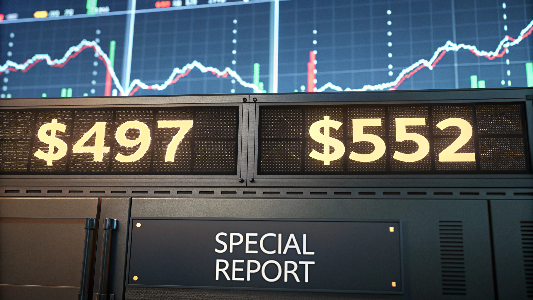 AI generated image by Red Panda AI: on one side is the number $497, on the other side is the number $552.  futuristic, stock market related charts in the background, photorealistic, a sign reads, "Special Report"
