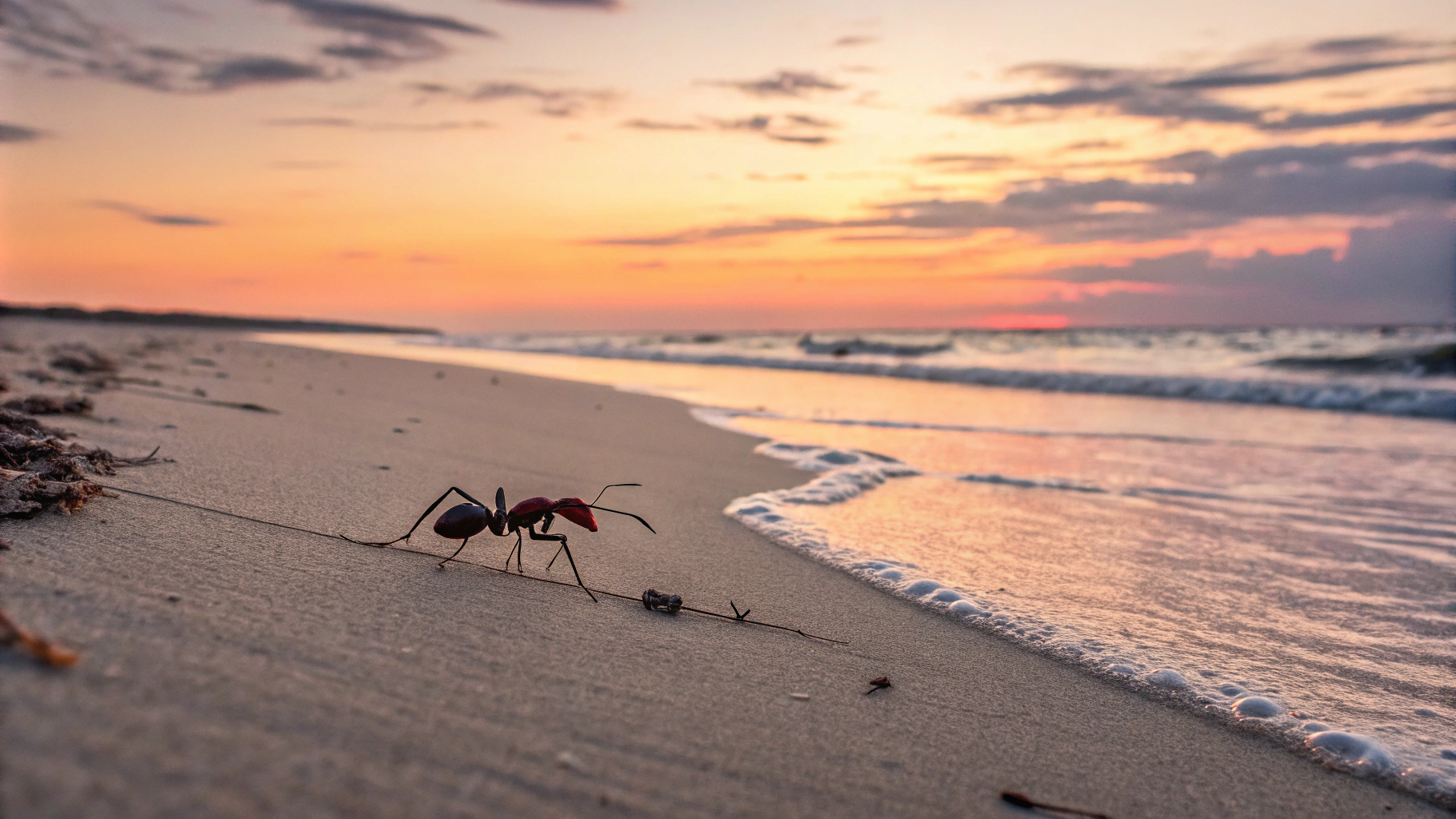 AI generated image by Red Panda AI: hormiga paseando por la playa en un atardecer en verano