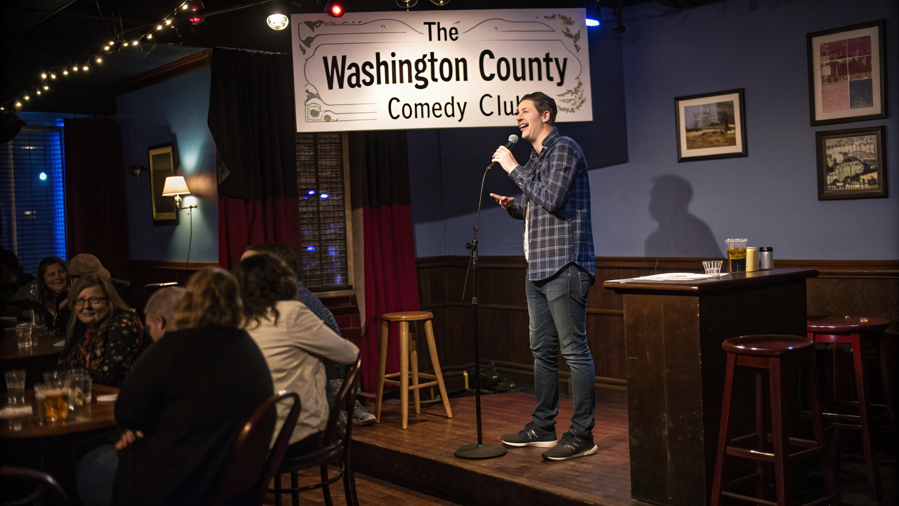 AI generated image by Red Panda AI: A comedian delivers a standup comedy routine in a bar called "The Washington County Comedy Club"