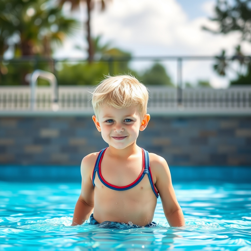 AI generated image by FLUX.1-schnell: 10 year old blond boy in a swimsuit coming outside of the water at the pool