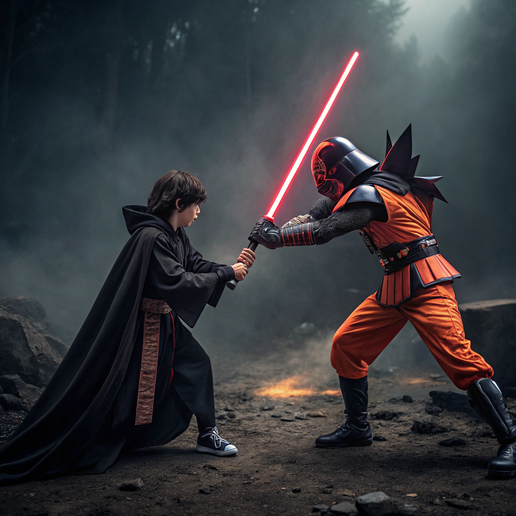 AI generated image by Red Panda AI: Padme Amidala as a Sith Lord is fighting Son Goku