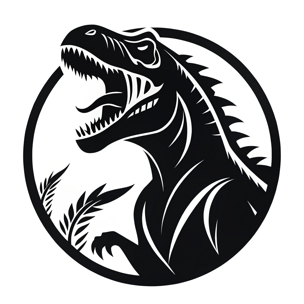AI generated image by FLUX.1-schnell: vector logo of a roaring Trex in black with a white background