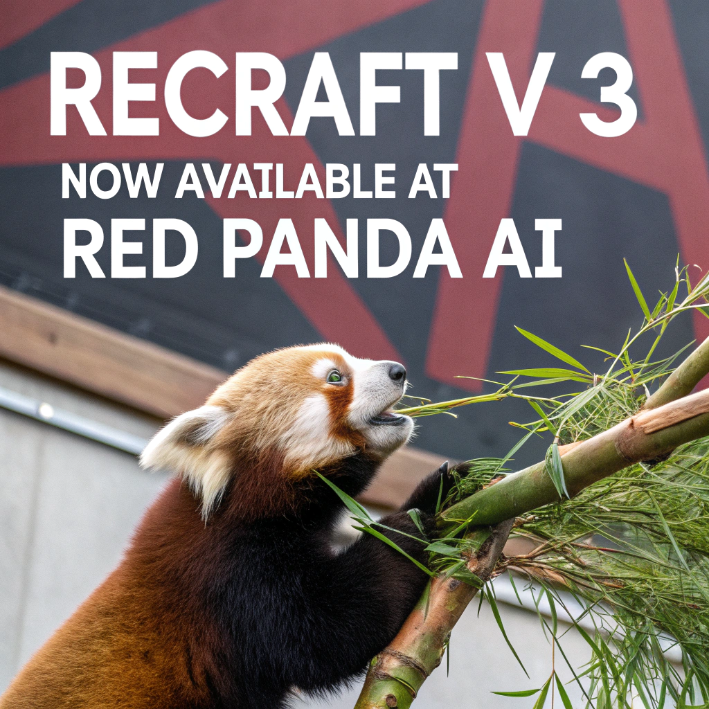 AI generated image by Red Panda AI: a red panda eating a bamboo in front of a poster that says "recraft V3 now available at red panda ai