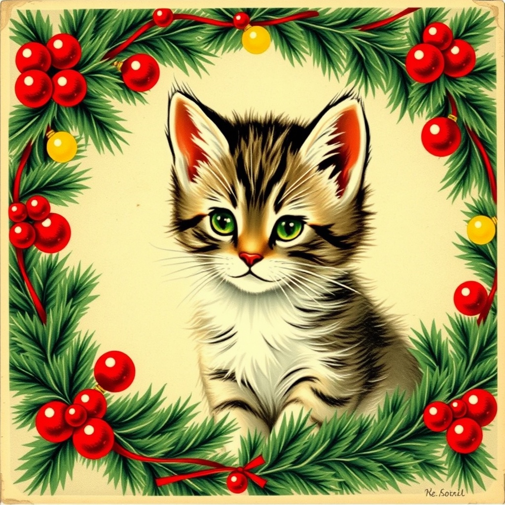 AI generated image by FLUX.1-schnell: A vintage Christmas postcard with a kitten, framed in a Christmas garland