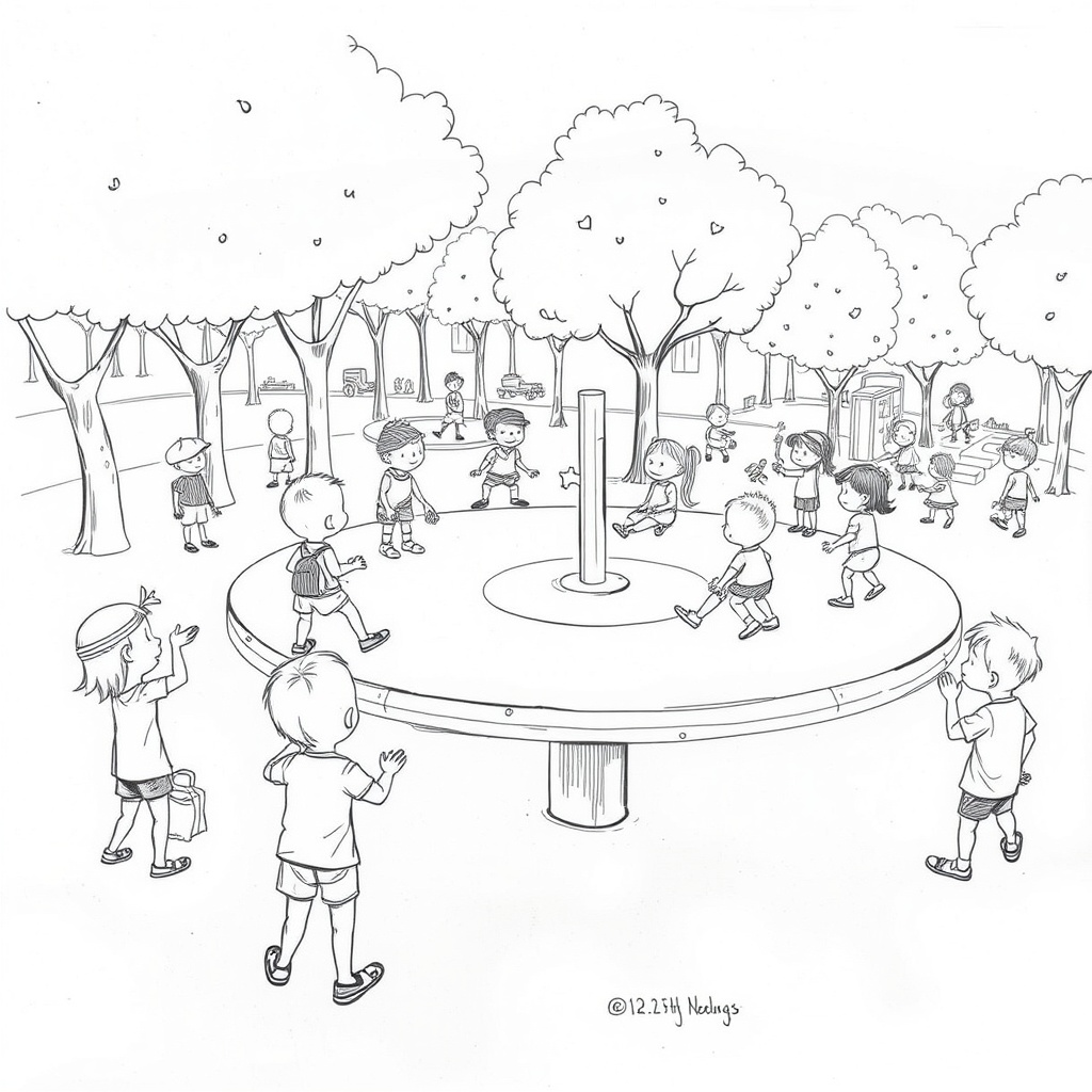 AI generated image by FLUX.1-schnell: Boceto a lápiz de una escena de un parque infantil. Varios niños aparecen en diversas poses, jugando con los juegos. Los niños están dibujados con líneas simples, lo que sugiere diferentes edades y jugando en estructuras, como una gran plataforma circular. La escena incluye árboles y otros elementos del parque infantil. El entorno parece ser un espacio al aire libre. La perspectiva es un tanto inusual, creando la sensación de observar la escena desde una posición elevada. El dibujo está realizado en escala de grises, utilizando diferentes tonos de lápiz para crear profundidad y forma. El estilo general es infantil y desenfadado, sugiriendo un boceto simple, no fotorrealista. La composición se equilibra con las figuras ubicadas alrededor de los juegos. añadele color a la imagen y que parezca realista