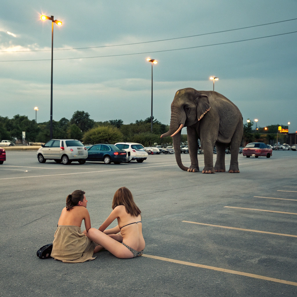 AI generated image by Red Panda AI: Two nude girl sitting in the parking with elephant 