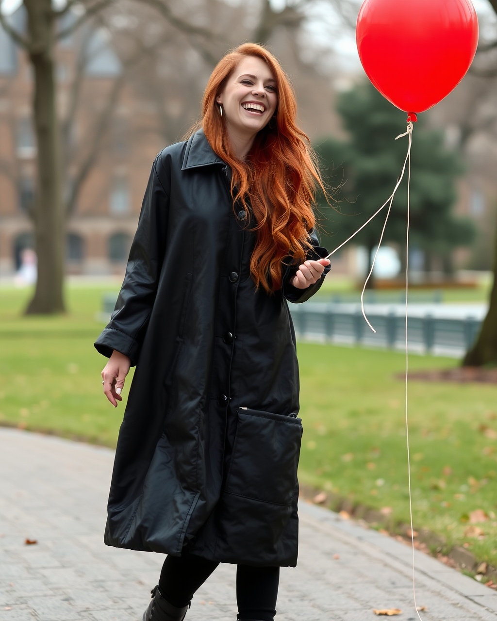 AI generated image by FLUX.1-schnell: Erstelle ein fotorealistisches Bilder einer Frau mit langen roten Haaren. Sie trägt einen schwarzen glänzenden Daunenmantel und schwarze Stiefel. In der Hand hält sie an einer Schnur einen großen roten Heliumballon. sie befindet sich in einen Park und lacht.