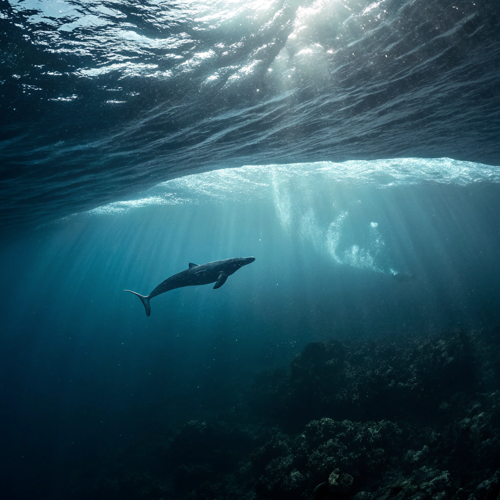 AI generated image by Red Panda AI: adentro del mar profundo  una ballena a lo lejos