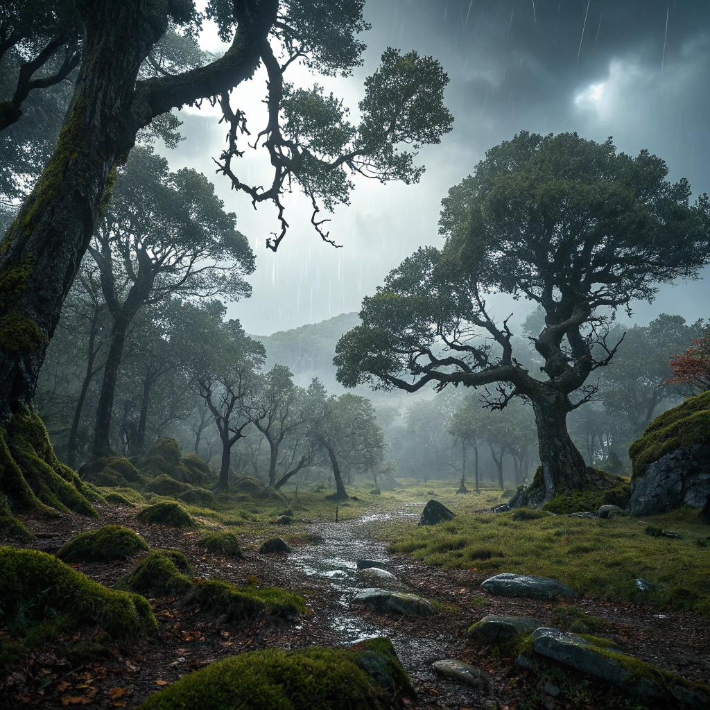 AI generated image by FLUX.1-schnell: A rainy forest landscape, dark  fantasy