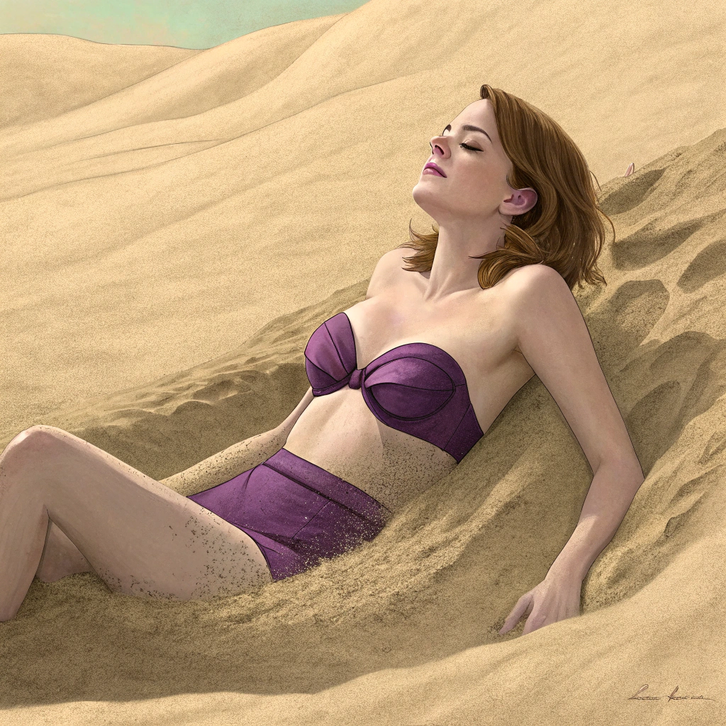 AI generated image by Red Panda AI: Emma stone wearing a purple strapless bikini sinking out of sight in dry sand 