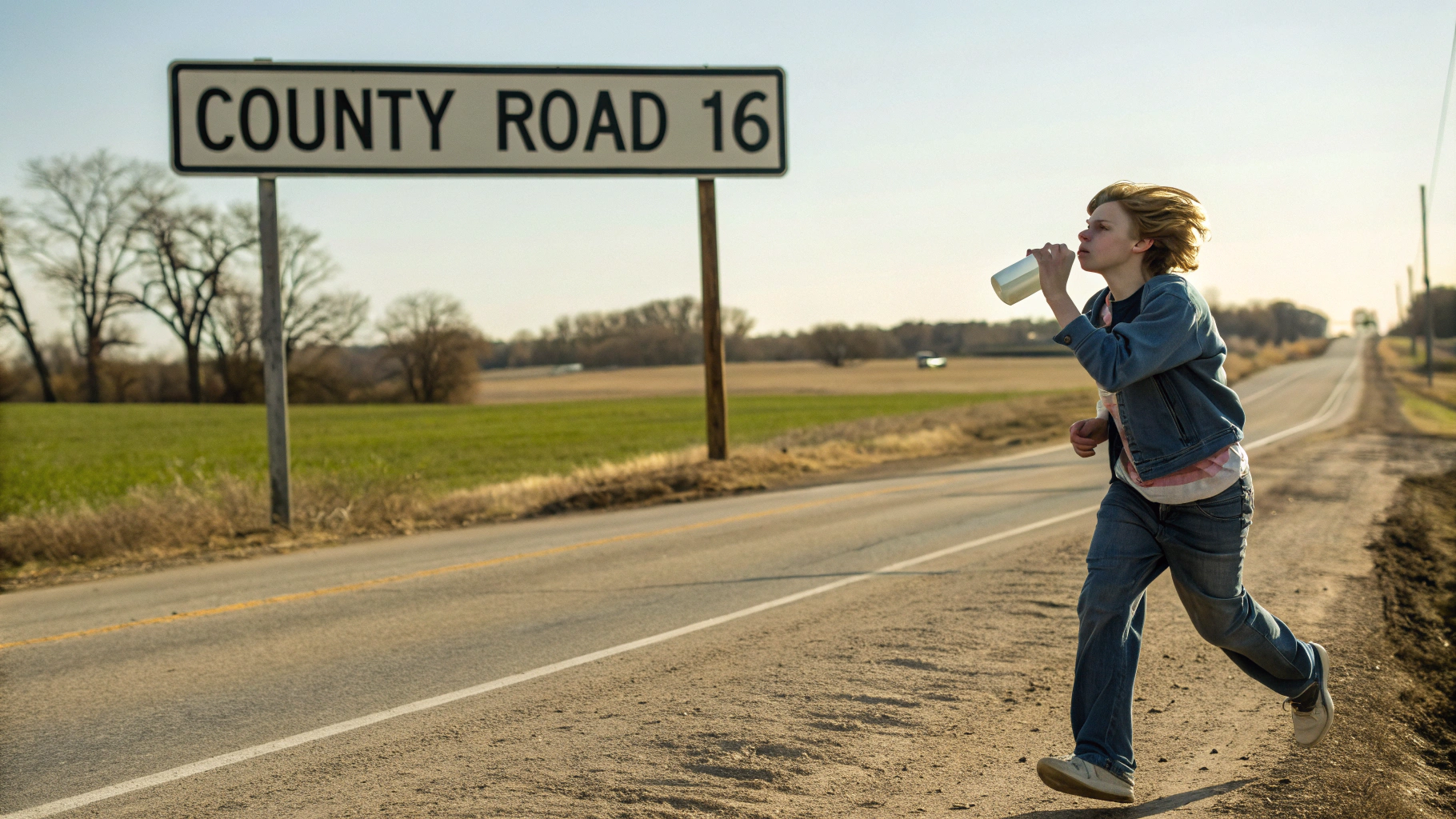 AI generated image by Red Panda AI: a teenager running down a county road in Nebraska drinking a gallon of milk.  A sign says "County Road 16", polaroid style photo