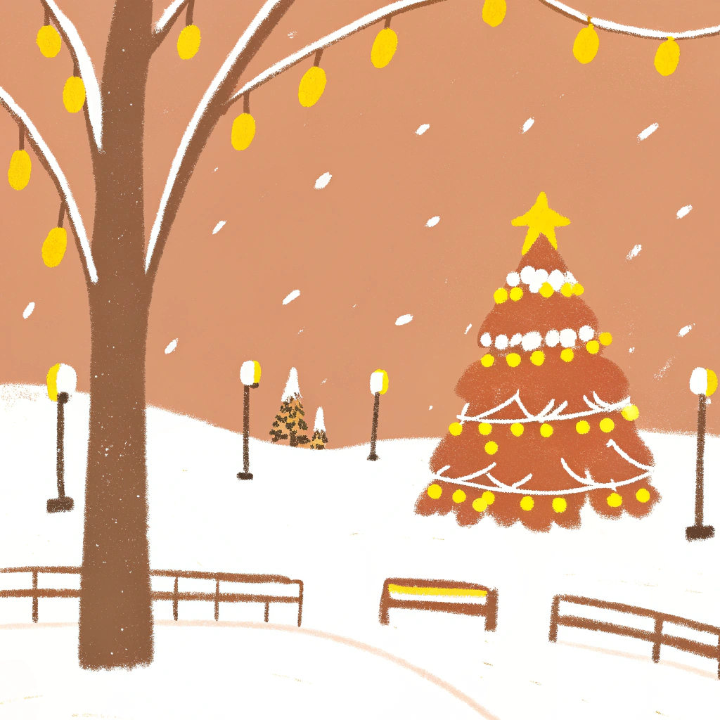 AI generated image by Red Panda AI: christmas card with hand drawn illustration of snow park with huge christmas tree and decoration, festive evening, watercolors and gouache technique