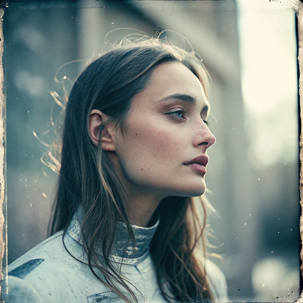 AI generated image by FLUX.1-schnell: A dreamy portrait of a cybernetic woman rendered in the style of a Polaroid emulsion lift, with textured edges and artistic distortions --ar 3:2 --style raw 