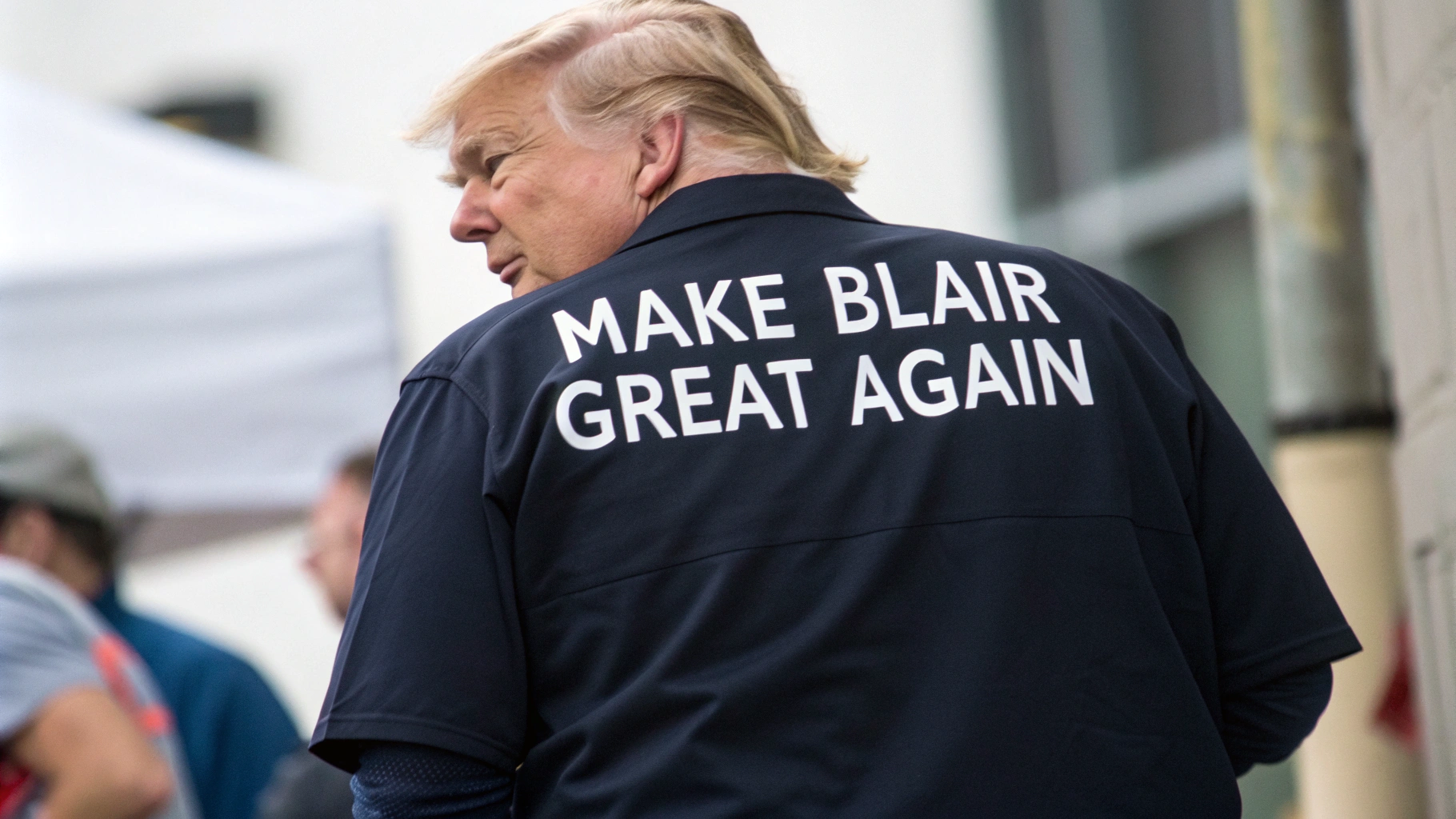 AI generated image by Red Panda AI: Donald Trump wears a shirt that says "Make Blair Great Again"
