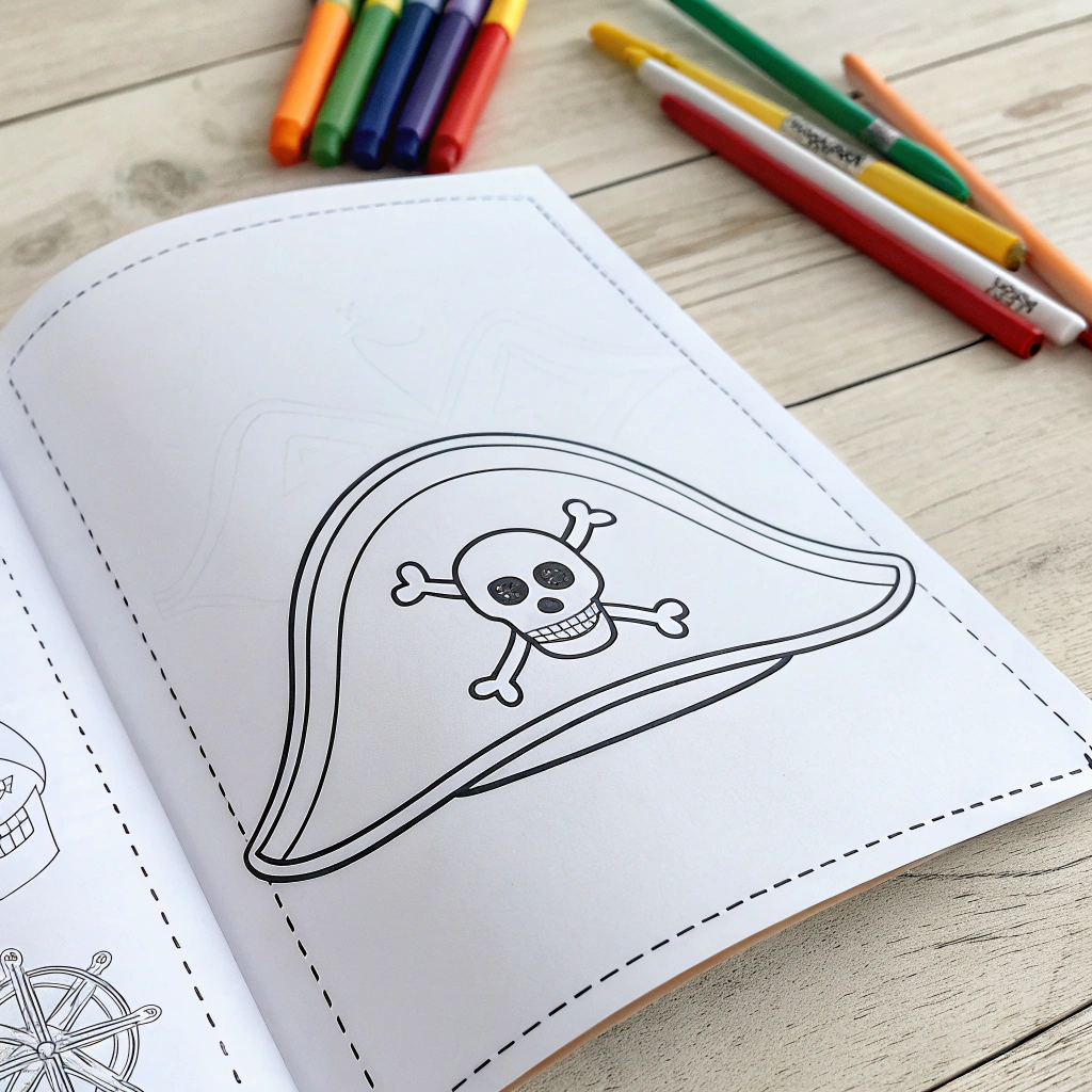 AI generated image by Red Panda AI: Coloring book for kids, simple lines drawings, no lines inside of the drawing, pirate helm, cartoon, full body, outline of the drawing in bold line, white background, no background image, b/w outline, line art, sketch style, white space