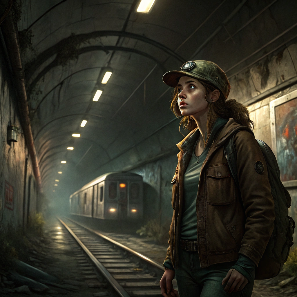 AI generated image by Red Panda AI: A young, confident female prospector stands in the dark, decrepit tunnels of a post-apocalyptic Boston metro. She is tired and out of breath, standing shakily about to collapse. The background is a ruined metro station, flickering lights casting deep shadows on the cracked walls. Highly detailed, gritty, realistic art with a painterly texture, blending dystopian sci-fi and horror. Muted, desaturated colors, low lighting with strong shadows
