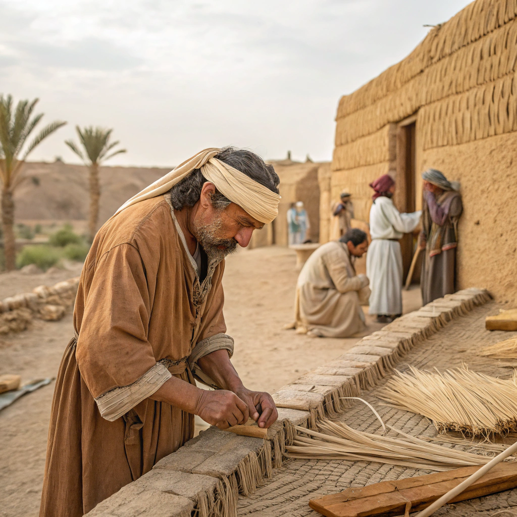 AI generated image by Red Panda AI: imagen hiperrealista de una fábrica artesanal de adobe y palma del siglo XVIII, con un indígena ciego del norte del desierto inspeccionando materiales con sus manos, rodeado de indígenas trabajando bajo su dirección del siglo XVIII
