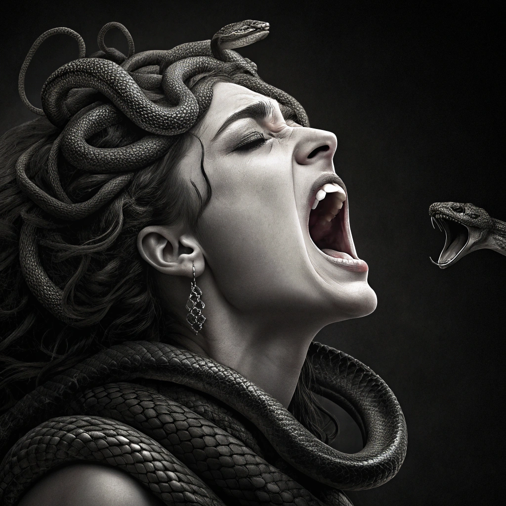 AI generated image by Red Panda AI: The image is a digital artwork featuring a woman's face with snakes wrapped around her neck and head, her mouth open in a scream.