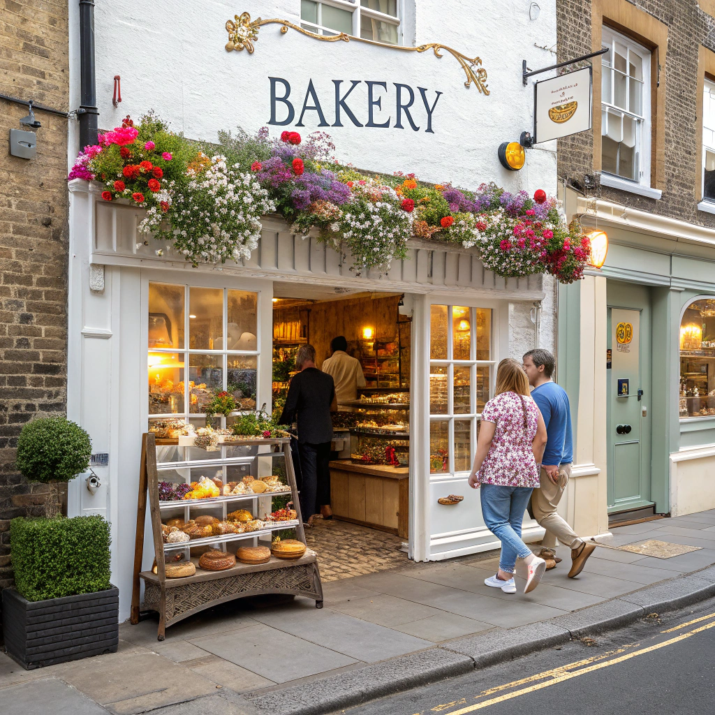 AI generated image by Red Panda AI: create a a bakery in the streets of uk