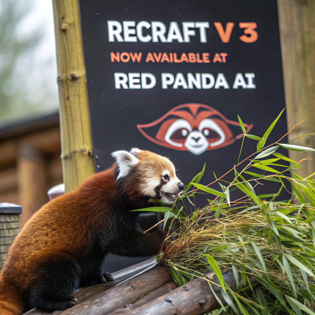 AI generated image by Red Panda AI: a red panda eating a bamboo in front of a poster that says "recraft V3 now available at red panda ai