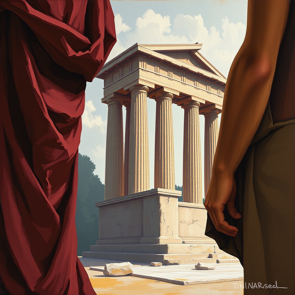 AI generated image by FLUX.1-schnell: hadows of the monument and background.  A rich palette of deep maroon, ochre, and creams, with hints of violet, characterize the scene.  The style is painterly, with evident brushstrokes and a focus on light and shadow.  Ancient Greek or Roman themes are suggested by the posture of the figures and the style of the monument.  The fabric appears to be subtly textured, and the skin of the figures shows meticulously rendered detail.