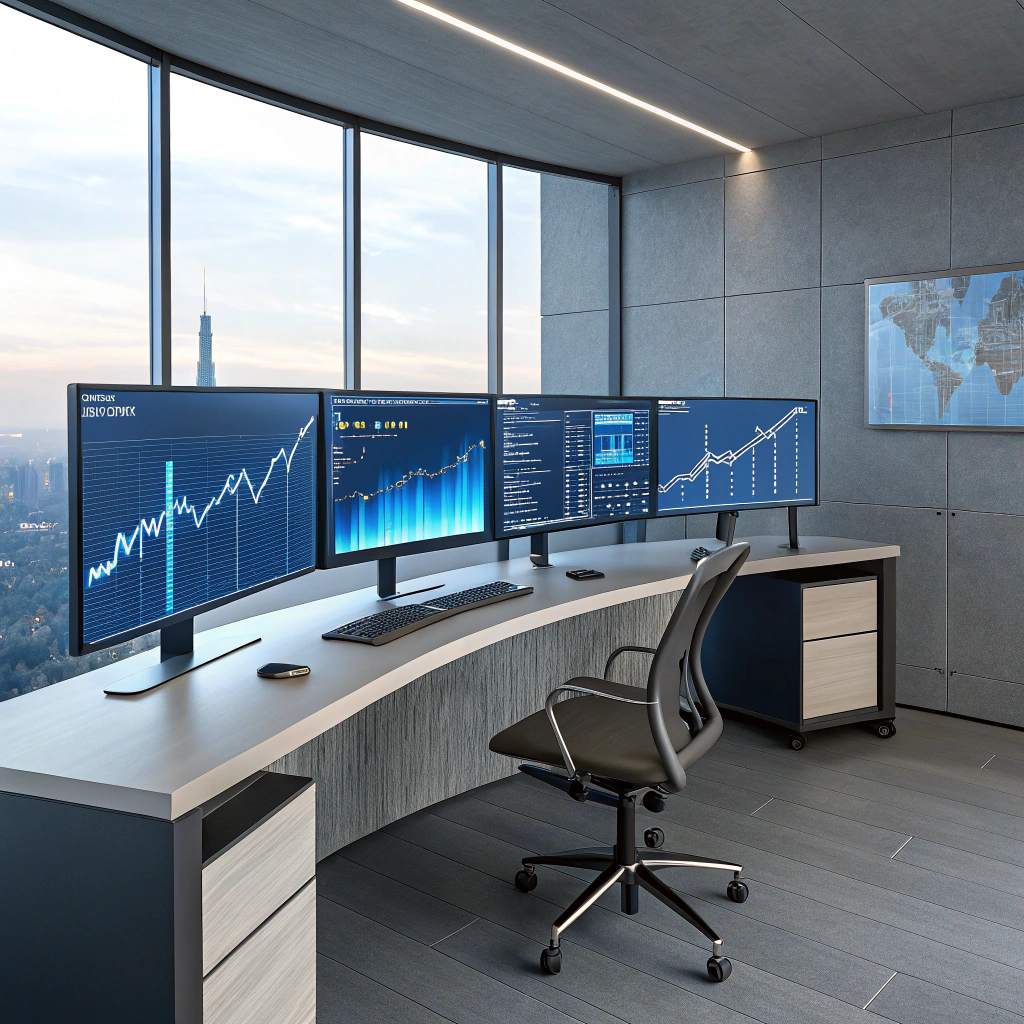 AI generated image by Red Panda AI: Professional trading desk setup with multiple curved monitors displaying blue candlestick charts and technical patterns, minimalist modern office, soft ambient lighting, high-end corporate environment, clean lines, muted blues and grays, photorealistic