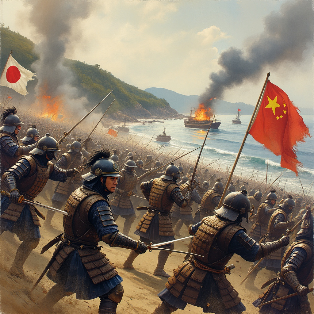 AI generated image by FLUX.1-pro: Craig Mullins style illustration, oil painting, watercolor style, depicting the Battle of Keichō (Keichō no eki) during the Japanese Sengoku period. The scene captures a dramatic battlefield with Japanese samurai and Korean and Ming Chinese soldiers engaged in intense combat. In the foreground, samurai in traditional armor with helmets and swords are clashing with Korean and Chinese soldiers wielding spears and shields. The samurai are dressed in brown and black armor, some with traditional topknots and chonmage hairstyles. In the background, warships are visible near the coastline, illustrating the naval aspect of the conflict. Smoke and fire rise from burning structures, adding to the chaos and intensity of the battle. Traditional Japanese and Korean banners flutter in the wind, indicating the presence of various military units. The terrain is rugged, with hills and forests providing a dramatic backdrop. The scene is viewed from a diagonal side angle, capturing the dynamic movement and fierce expressions of the warriors. Soft, diffused lighting enhances the mood and atmosphere, highlighting the historical context and the gravity of the conflict.