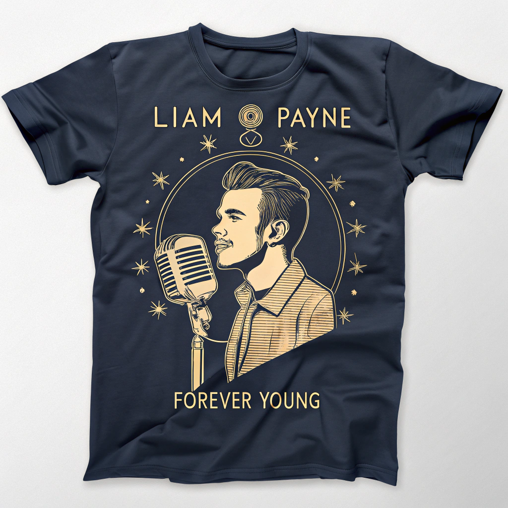 AI generated image by Red Panda AI: Design a respectful and artistic memorial design to put on a T-shirt honoring Liam Payne, celebrating his iconic music career and immense global popularity. the design should blend elements that represent his journey—such as a silhouette of a microphone, subtle nods to his One Direction era (like a minimalistic compass symbol or lyrics from a significant song), and modern pop aesthetics reflecting his solo work. Incorporate elegant memorial elements like soft doves, glowing stars, or a golden spotlight effect, symbolizing his lasting legacy. Use a sophisticated color palette with shades of deep navy, gold, and white to evoke emotion while maintaining a timeless, stylish tribute. The design should feel heartfelt, uplifting, and truly unique, honoring Liam Payne's profound impact on music and his fans.