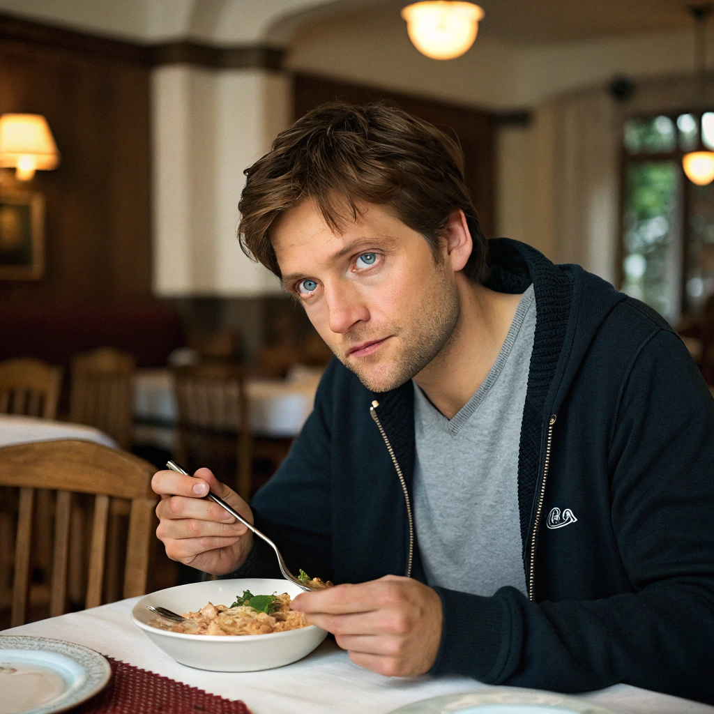 AI generated image by Red Panda AI: Generiere einen Deutschen mit Braunen Haaren, blauen augen. Der gerade am essen ist.