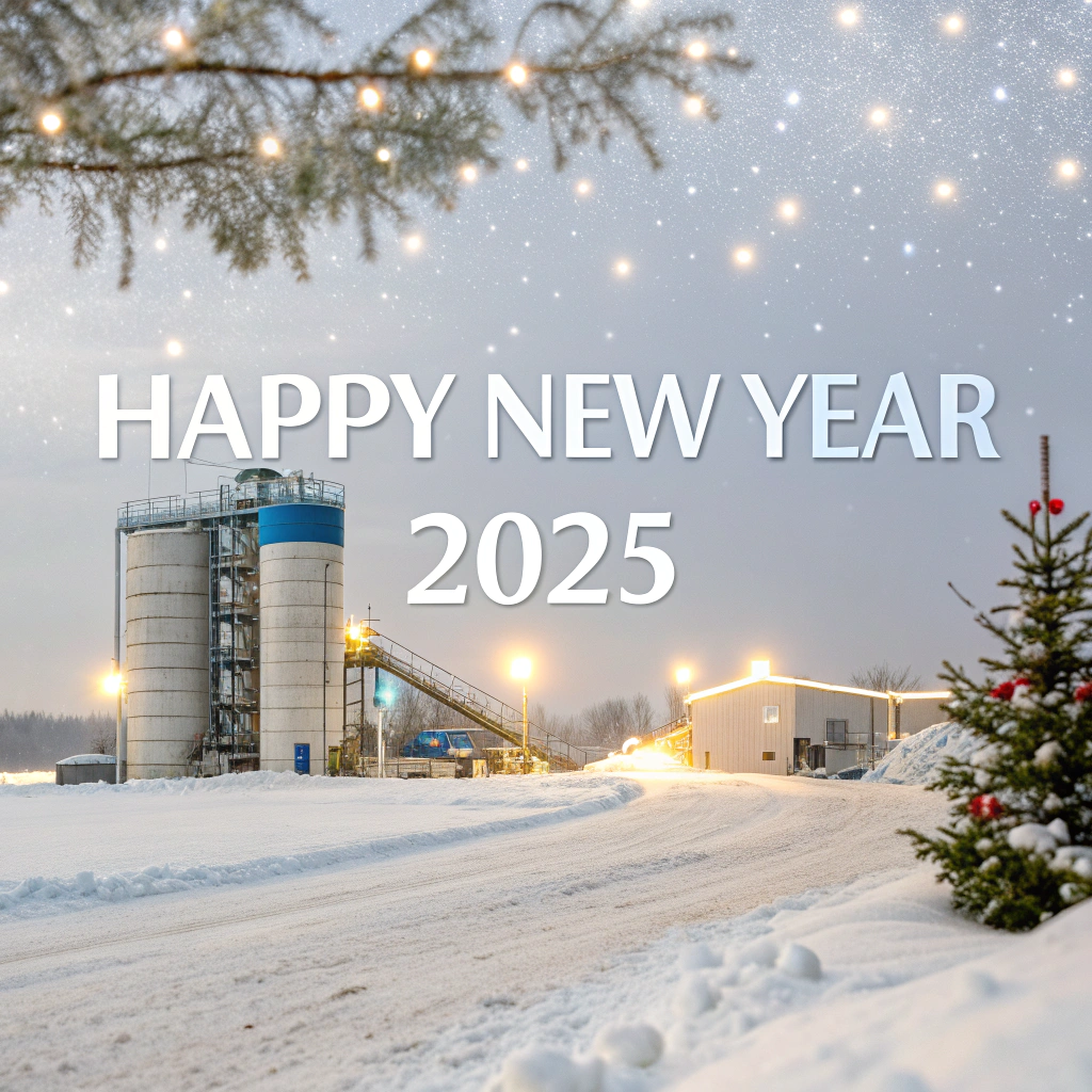 AI generated image by Red Panda AI: Create a highly realistic New Year-themed illustration with a snowy background. The scene features a small, low-capacity concrete batching plant with only two silos, depicted realistically. The silos should include subtle blue accents, blending harmoniously into the winter environment. In the foreground, display the text 'Happy New Year 2025' in a clean and festive font, sized modestly to complement the plant. Use soft winter lighting, snow-covered ground, and minimal holiday decorations like fairy lights to enhance the cozy, seasonal atmosphere while keeping the focus on the plant.
