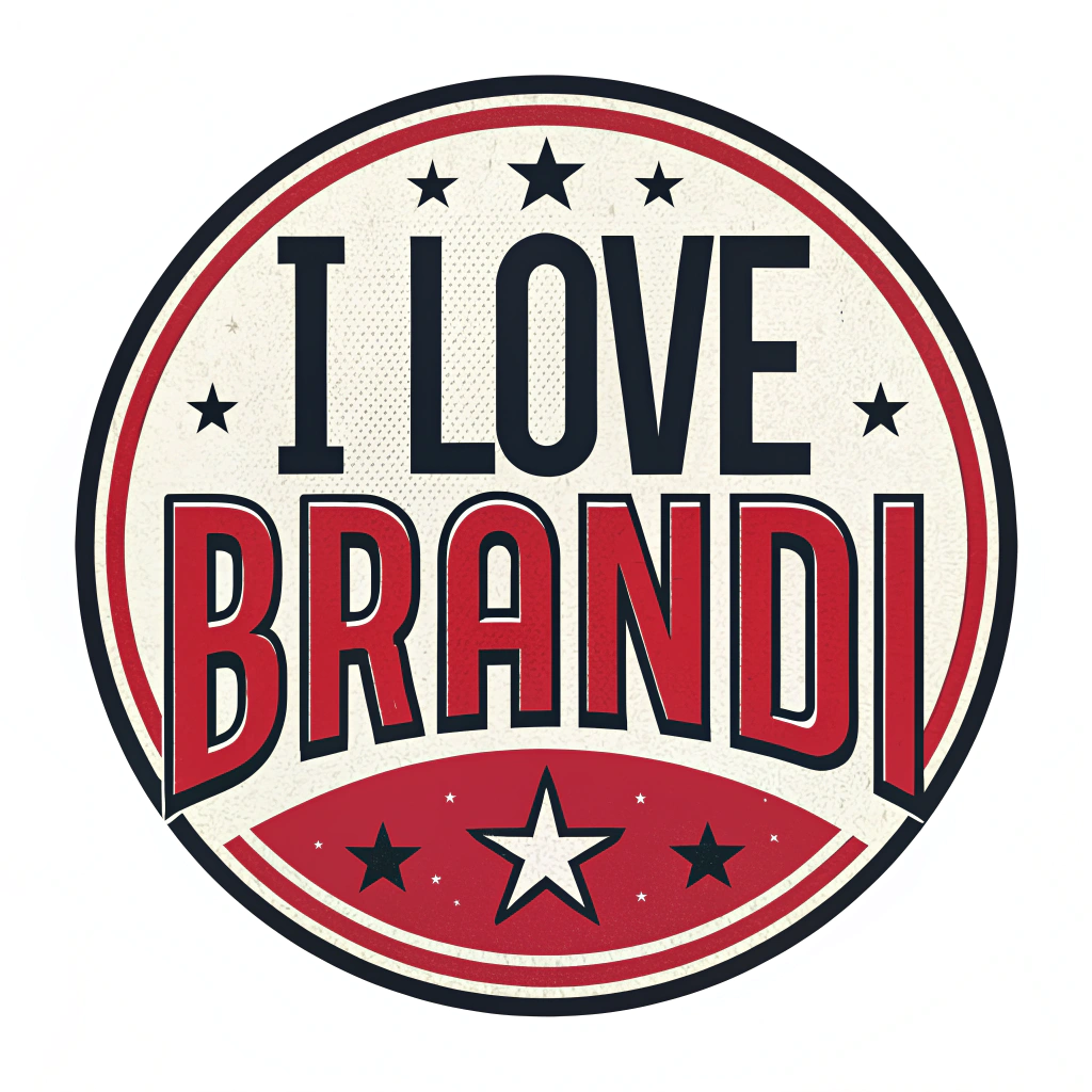 AI generated image by Red Panda AI: Circle logo, "I Love Brandi", on white background, red and white and black, only text, bold font, retro, strong