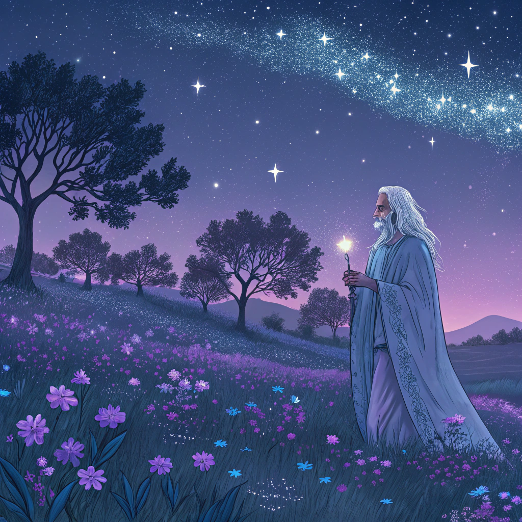 AI generated image by Red Panda AI: In a vast, dreamlike field under a shimmering starry sky, surreal flowers in vibrant lilac and celestial blue stretch endlessly to the horizon. At the center stands Ephyrael, an ethereal, mystical figure with flowing silver hair and eyes that glimmer like constellations. His skin radiates a soft, otherworldly glow, and he wears a cloak that shimmers like stardust, blending seamlessly with the winds. Tiny planets and moons gently orbit around him, as though he holds a universe within. Around him, twisted trees with crystalline leaves reflect the starlight, while misty butterflies and translucent birds flutter in a dance of light. The atmosphere is calm, filled with magic and timeless mystery, as Ephyrael gazes into the depths of this dreamscape, an ancient guardian of the boundary between dreams and reality.