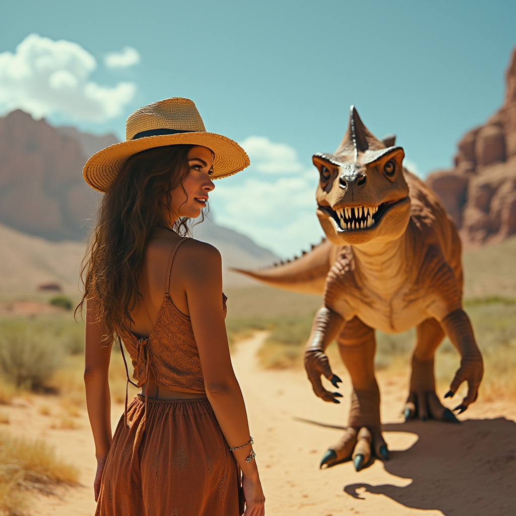 AI generated image by FLUX.1-pro: UNA CHICA EN UN DESIERTO CON UN DINOSAURIO