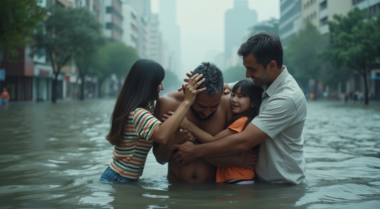 AI generated image by FLUX.1-pro: un hombre llorando con sus dos manos en la cabeza y su familia abrazándolo en una gran ciudad inundada
