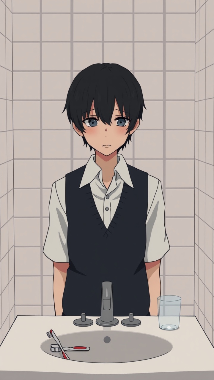 AI generated image by FLUX.1-schnell: Omocat's omori game artstyle, The image depicts a young person standing behind a bathroom sink facing the viewer, their expression somber. Their dark hair is neatly styled, and they are dressed in a white shirt with a dark vest. The tiled walls behind them are plain and featureless, creating a sense of isolation. The sink faces the subject. The only other elements in the scene are a toothbrush and a glass on the counter, suggesting a routine that the individual may find difficult to engage in. The overall mood of the image is melancholic, hinting at a sense of loneliness or sadness. The subdued colors and minimalist composition further contribute to the somber atmosphere.  The image leaves room for interpretation, inviting viewers to consider the inner thoughts and feelings of the subject.