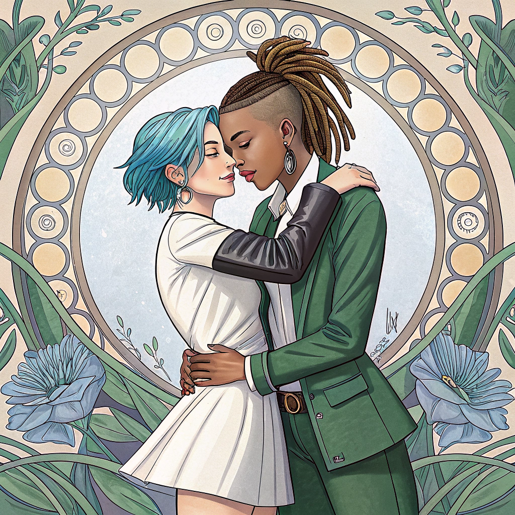 AI generated image by Red Panda AI: Create an art nouveau style image of 2 people hugging, jinx and ekko from the Arcane series, give Jinx with short blue hair a white dress with a short leather jacket, and ekko a green dress suit with a white shirt, also have his dreadlocks backwards.  